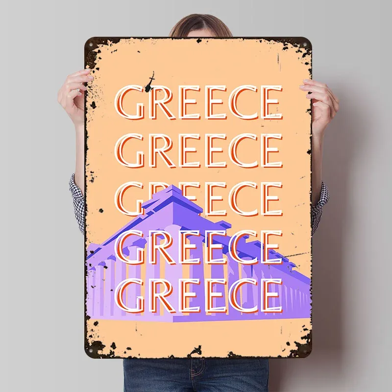 Affiche Greece rétro – architecture antique et typographie terracotta