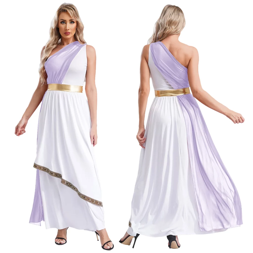 Robe de déesse grecque blanche et lavande