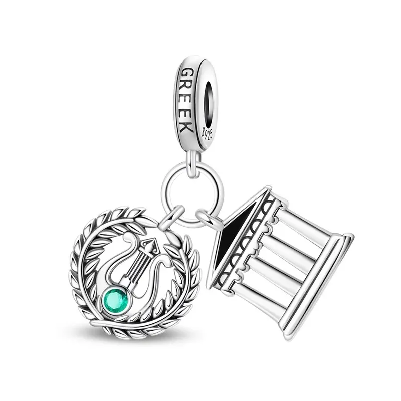 Charm temple grec en argent – lyre, colonnes et laurier