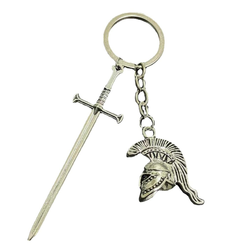 Porte-clés spartiate avec épée miniature et casque guerrier