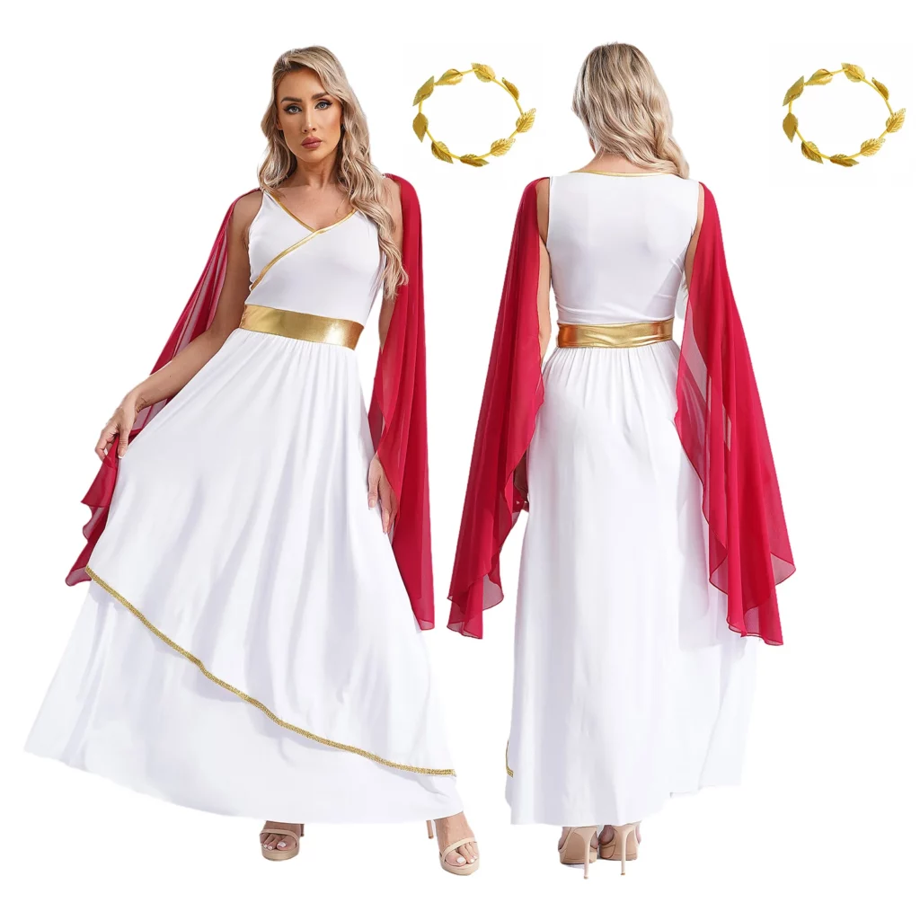 Costume de déesse grecque blanc et bordeaux – robe longue avec cape