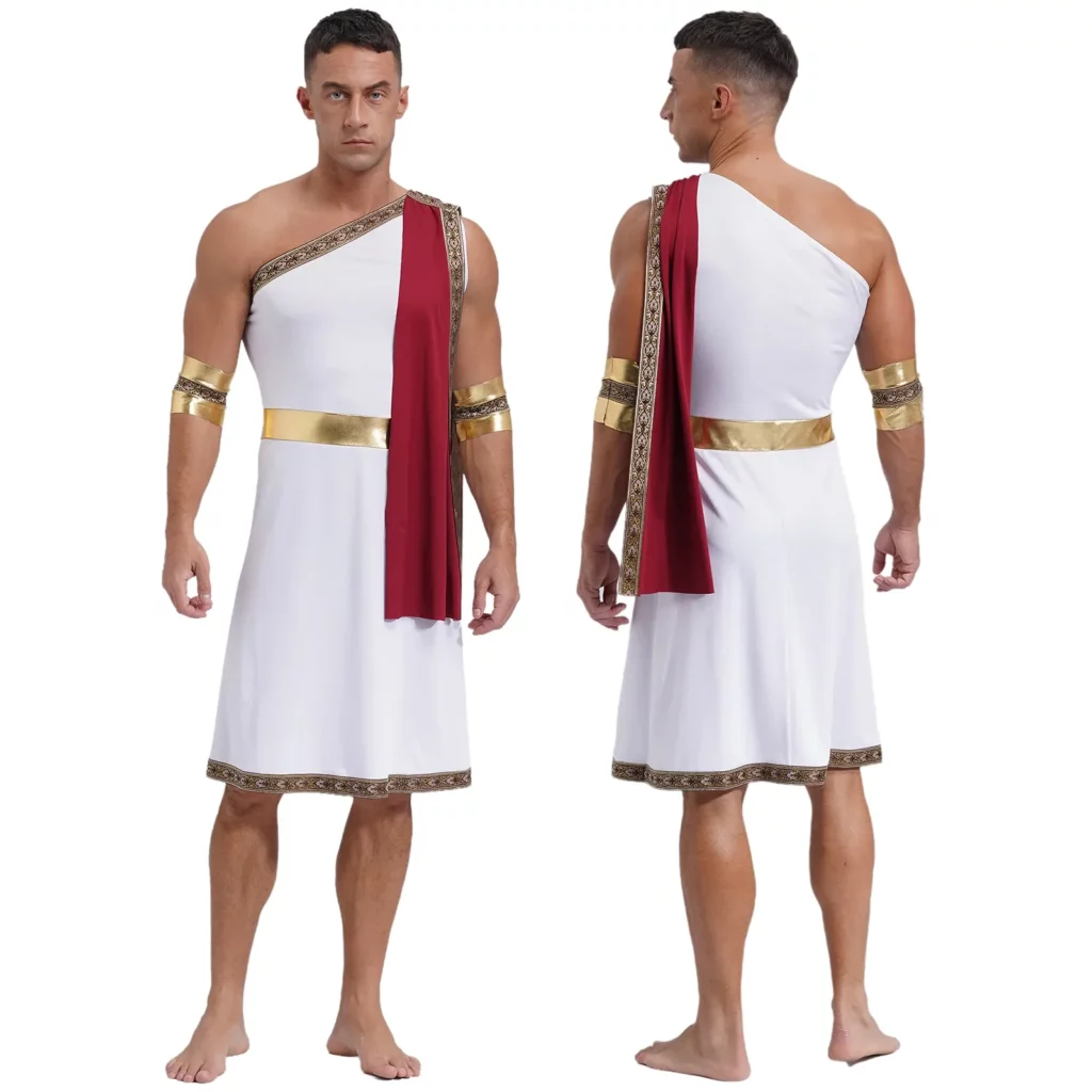 Costume grec blanc et or – tunique drapée avec manchettes