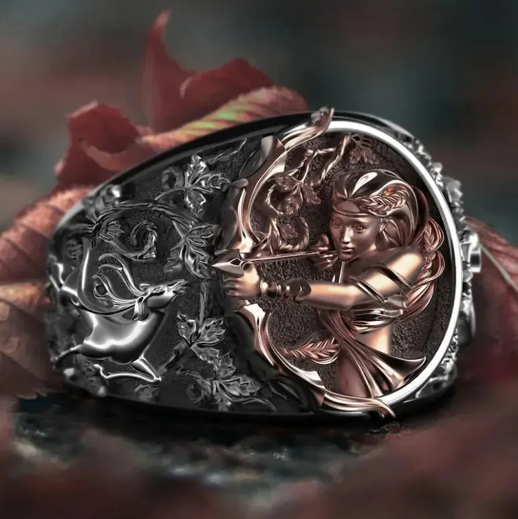 Bague déesse grecque antique ouverte au visage sculpté