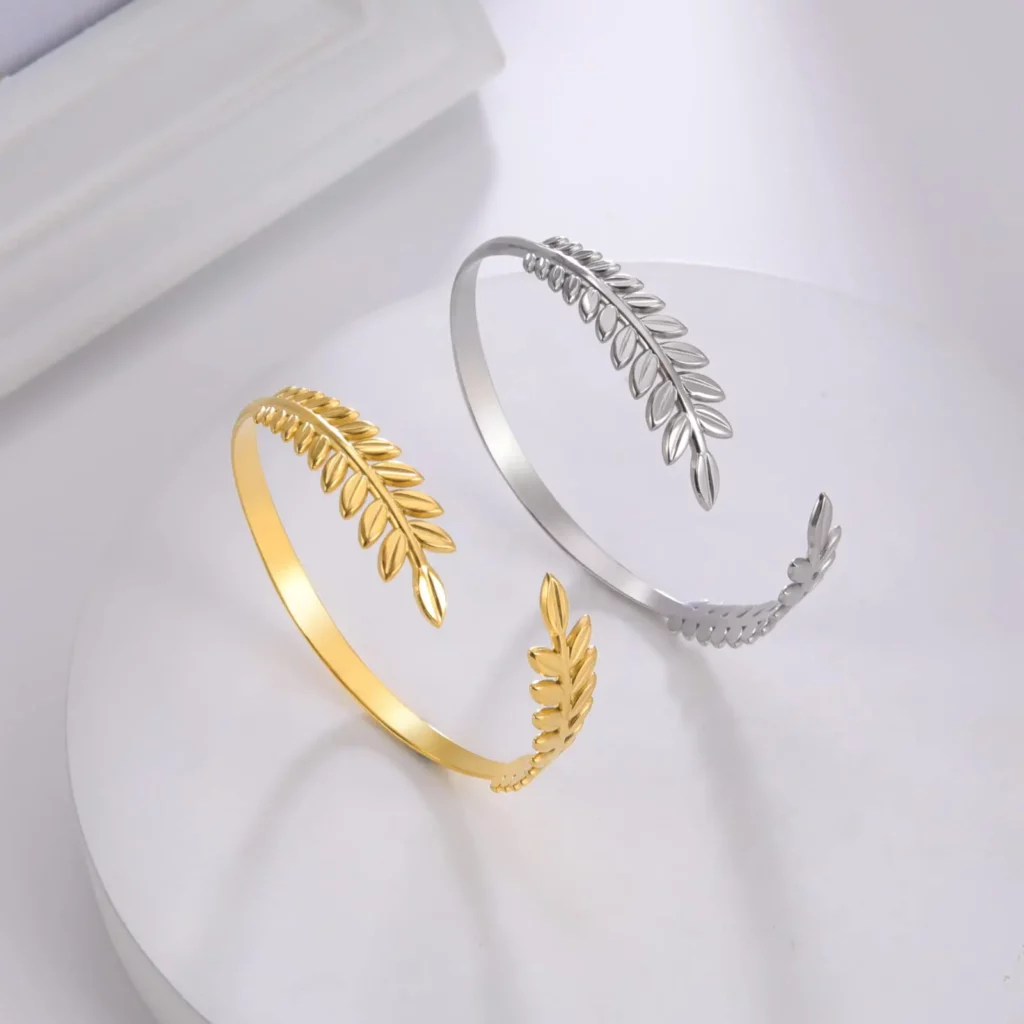 Bracelet de laurier grec argenté – Manchette ajustable en acier inoxydable