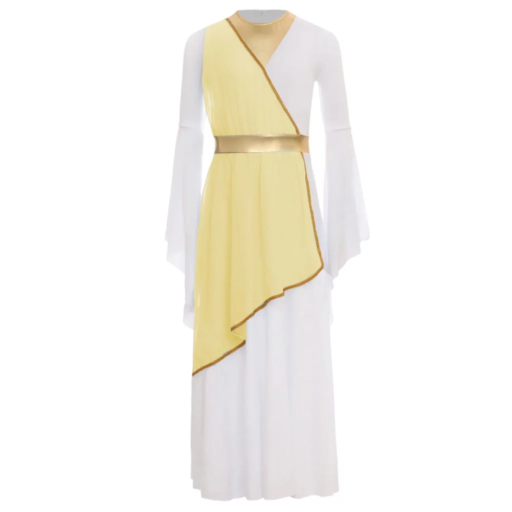 Robe grecque jaune pâle et dorée pour fille – tenue d’Athéna
