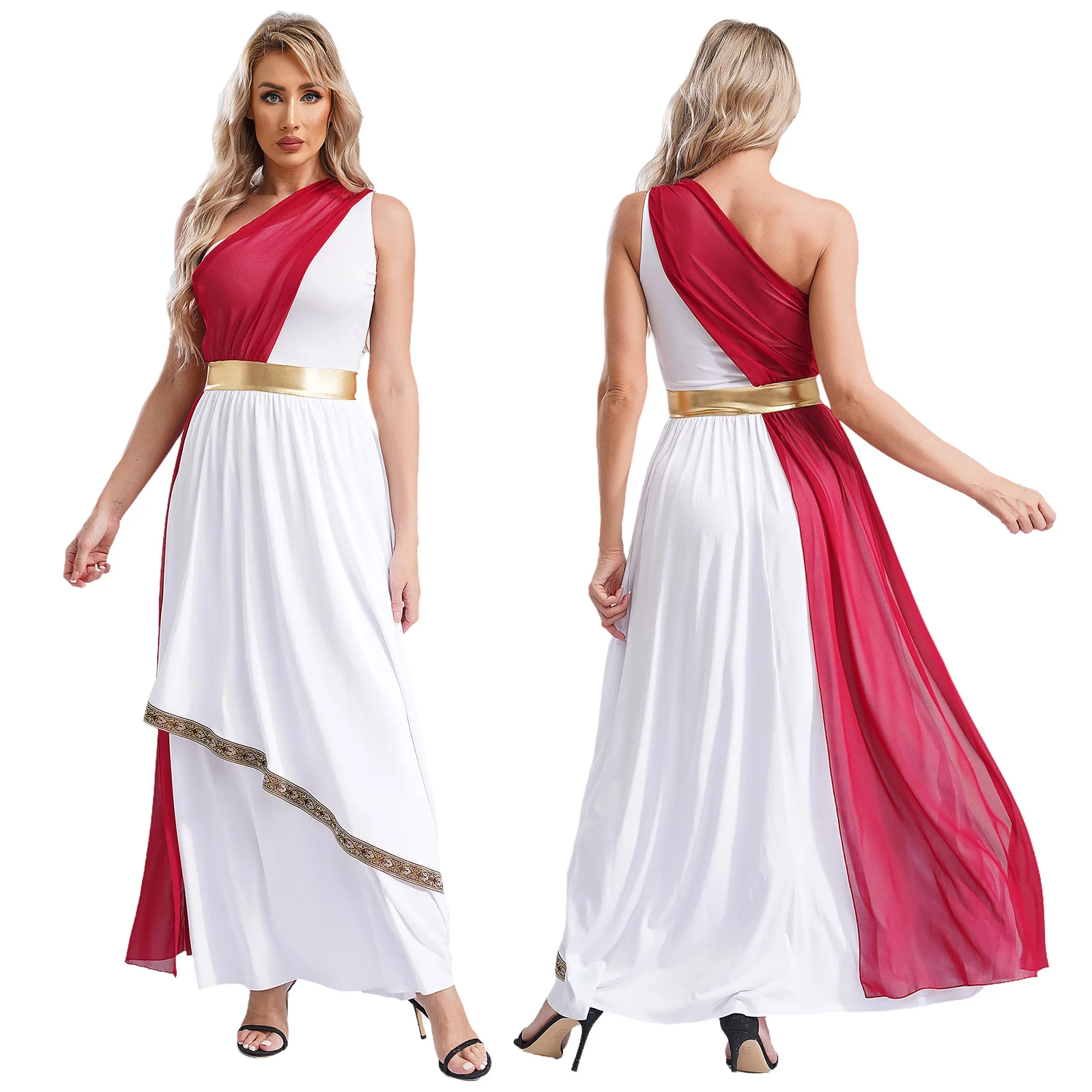 Robe de déesse grecque rouge et blanche à drapé