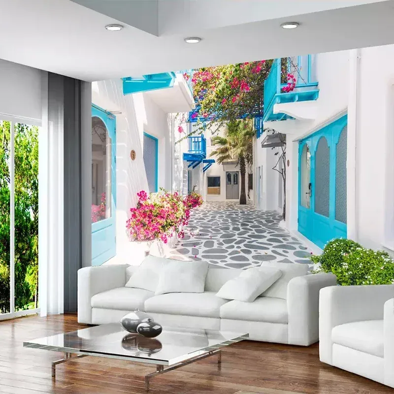 Papier peint Santorin – ruelle blanche et portes bleu azur en trompe-l’œil