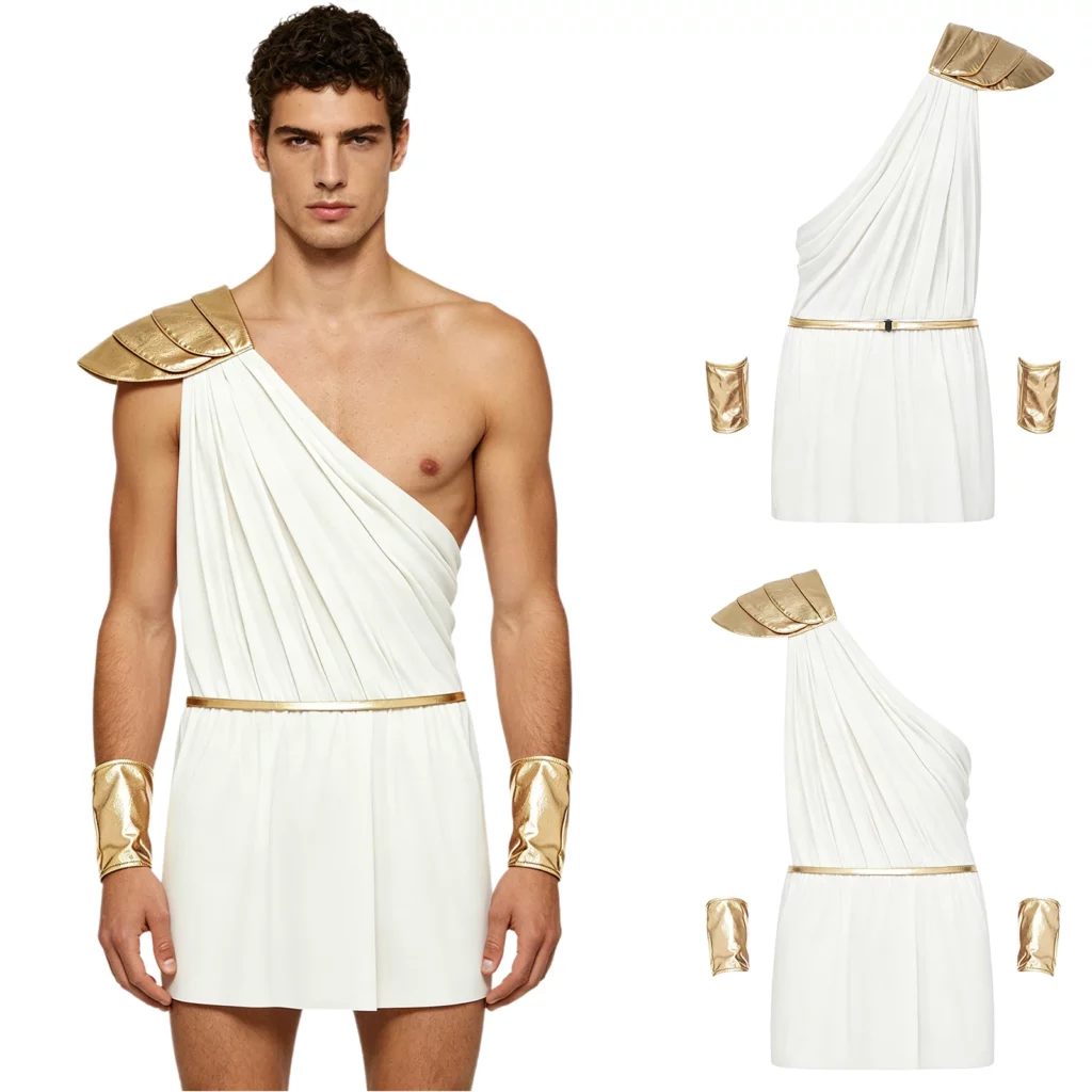 Costume grec antique à une épaule – Blanc avec accessoires dorés