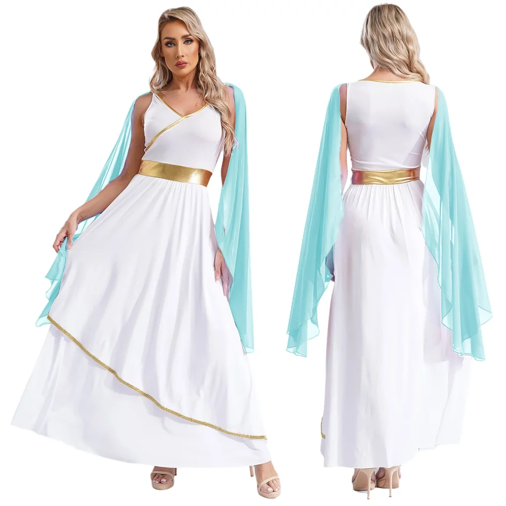 Robe de déesse grecque blanche et turquoise drapée