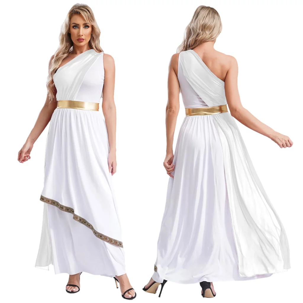 Robe de déesse grecque blanche à drapé doré