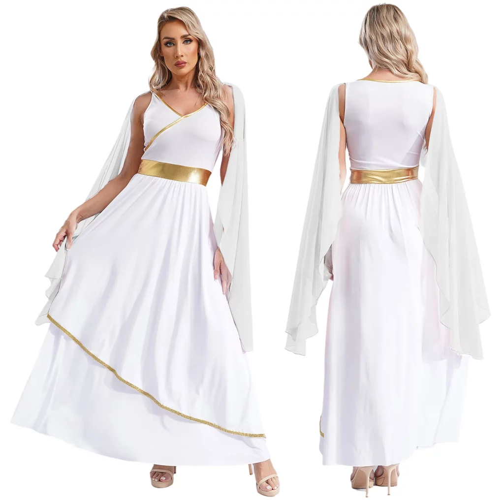 Robe grecque blanche à manches drapées et ceinture dorée