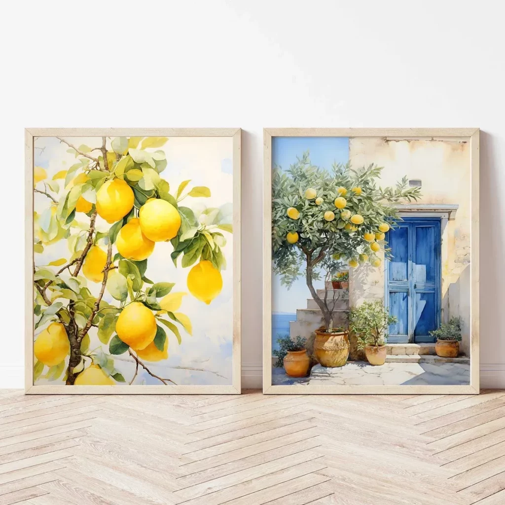 Duo d’affiches citrons et porte bleue – charme méditerranéen