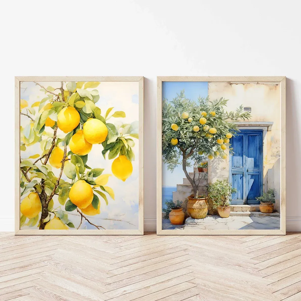 Duo d’affiches citrons et porte bleue – charme méditerranéen