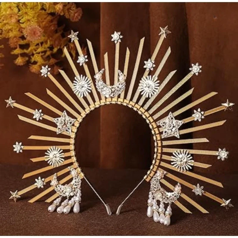 Couronne halo grecque dorée – soleil, lune et étoiles