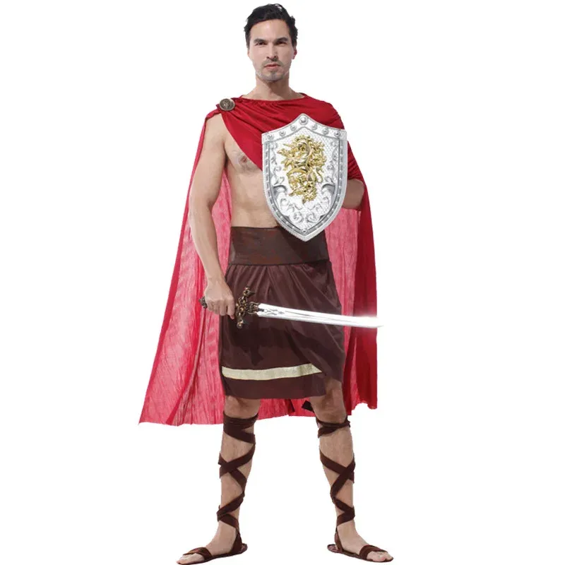 Costume de prince grec antique – cape rouge, jupe brune et ceinture