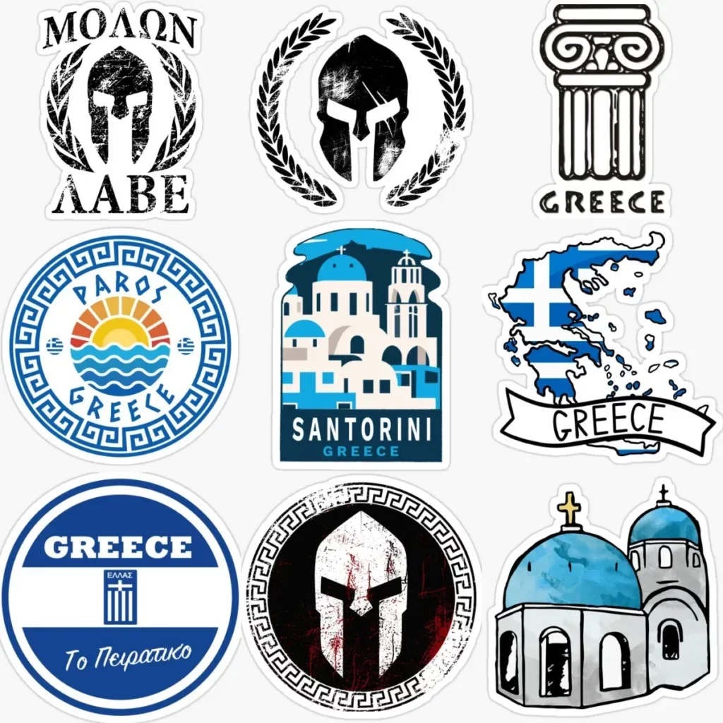 Planche d’autocollants grecs – casques, méandres et Santorin