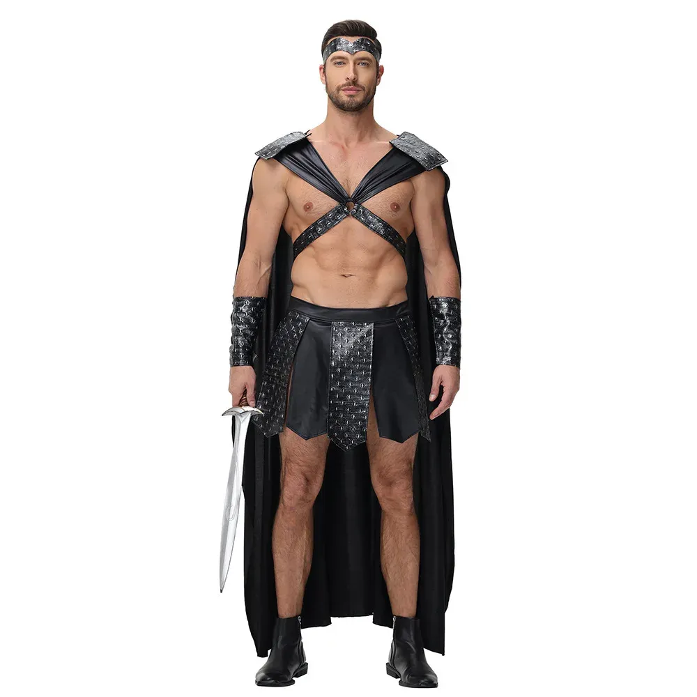 Costume de guerrier romain masculin – cape noire, jupette et brassards