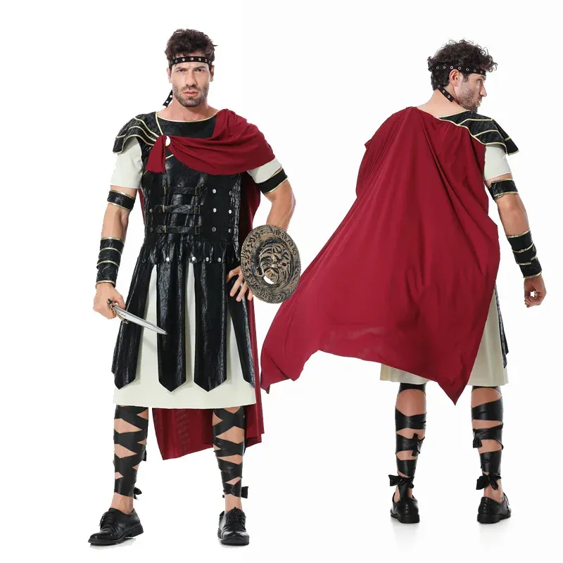 Costume romain de guerrier – armure noire, cape rouge et tunique antique