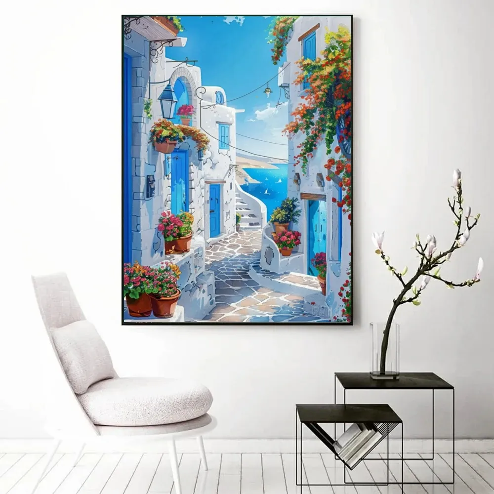 Tableau diamant Santorin – village blanc illuminé sous ciel étoilé 30 × 40 cm