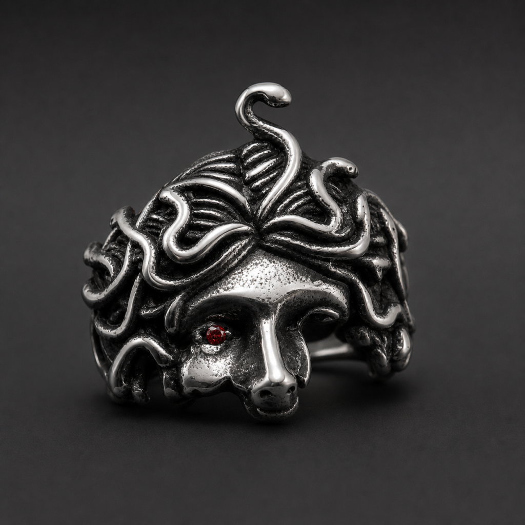 Bague Méduse noire – visage de Gorgone aux serpents