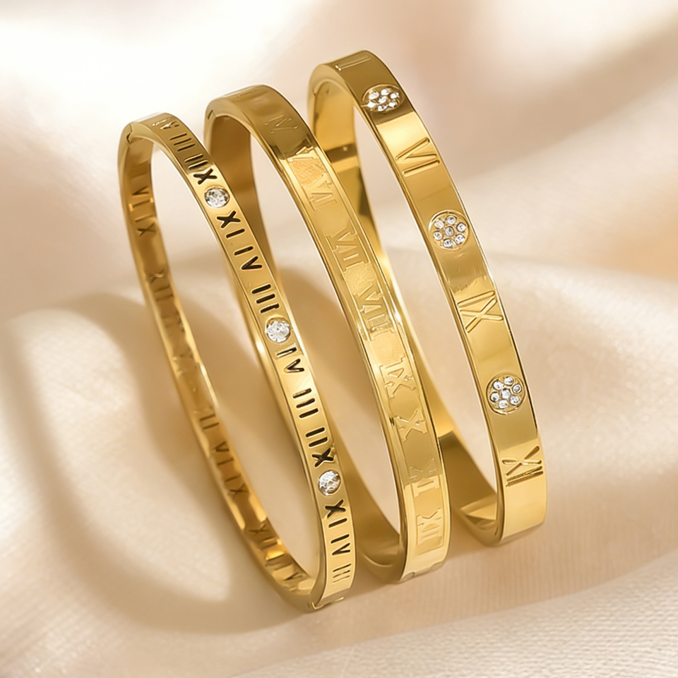 Set bracelets chiffres romains dore - 1 a 3 joncs femme