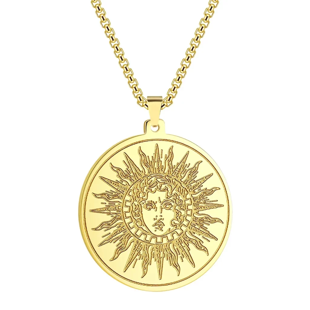 Pendentif Hélios doré – médaillon grec du dieu solaire