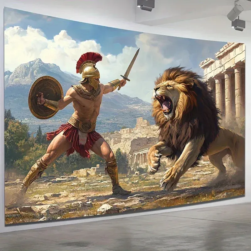 Tapisserie murale grecque – guerrier spartiate face au lion