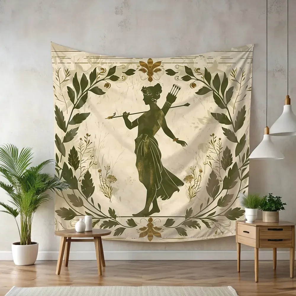 Tapisserie murale grecque – déesse Artémis sur fond vert olive