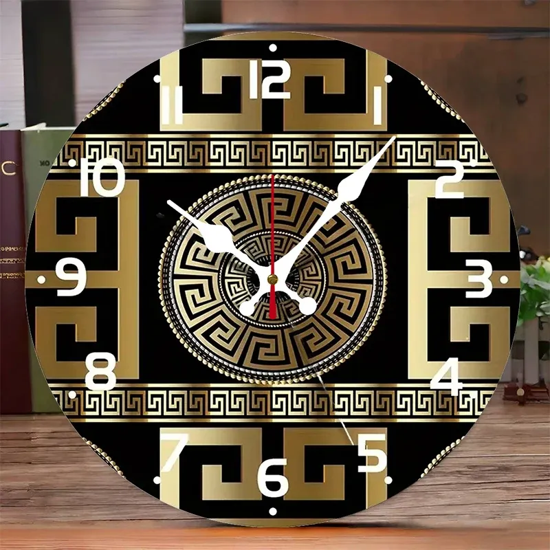 Horloge murale grecque noire et dorée – méandres 25 cm
