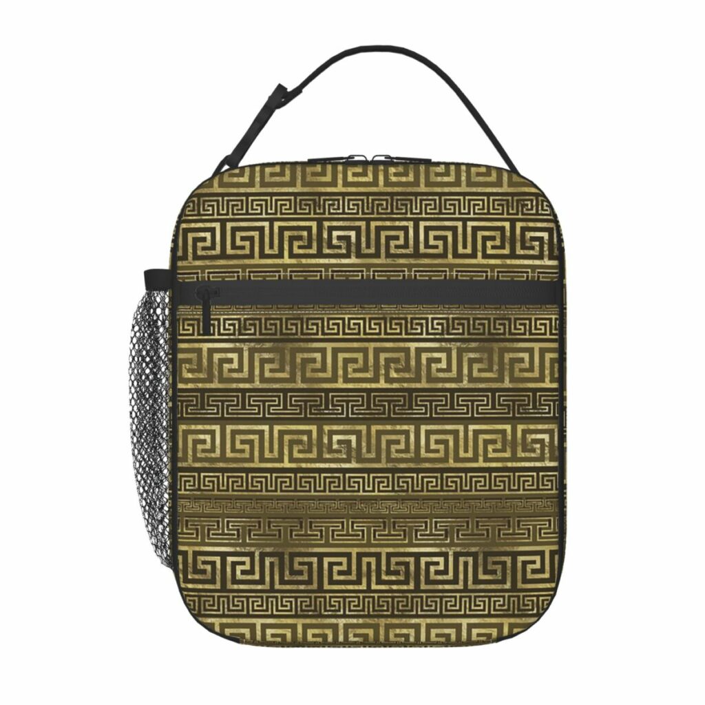 Sac repas isotherme grec noir et or avec motif de méandres, vue de face