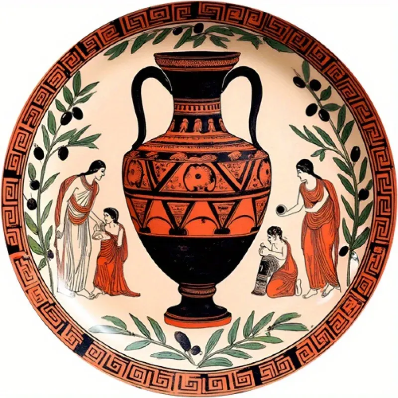 Plaque murale grecque ronde – amphore noire et orange 20 cm