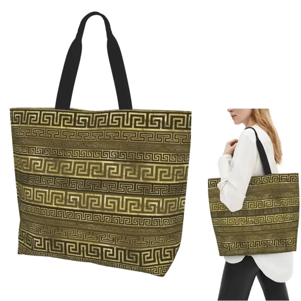Sac cabas grec noir et or – méandres et grande capacité 50 × 40 cm
