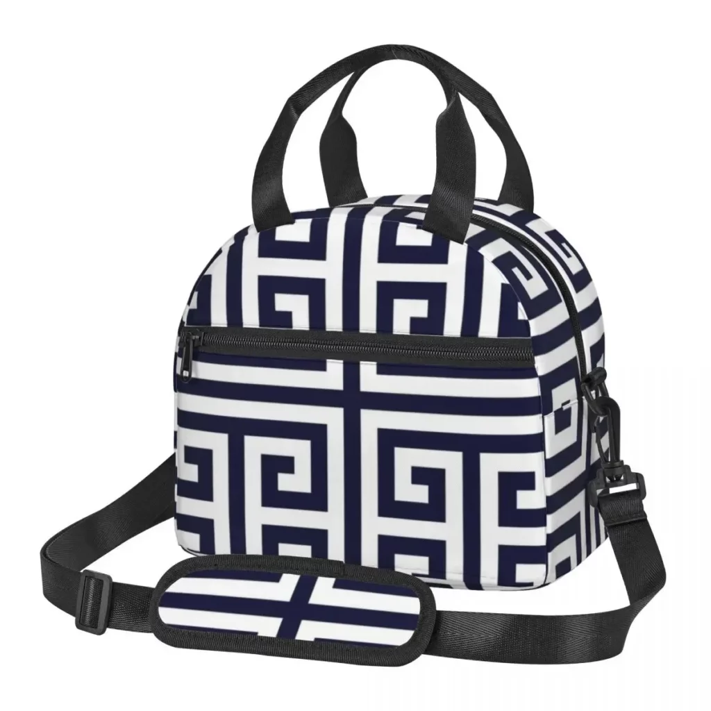 Sac repas grec bleu marine et blanc – motif méandre isotherme