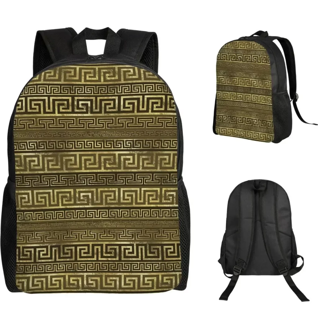 Sac à dos grec noir et or – méandres antiques 30 × 41 cm
