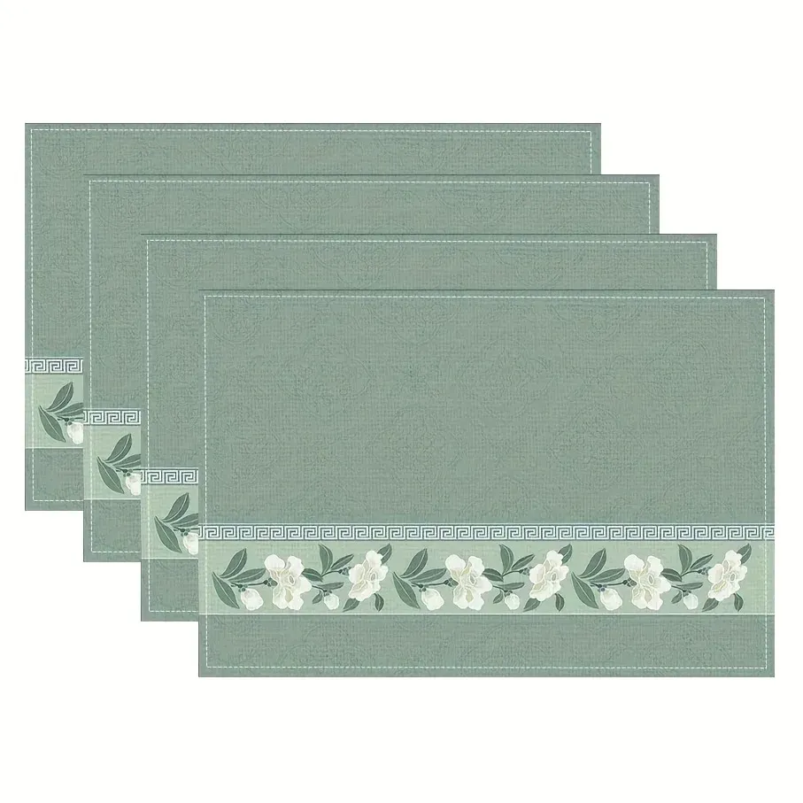 Set de table grec vert sauge – bordure méandre et fleurs 42 × 32 cm
