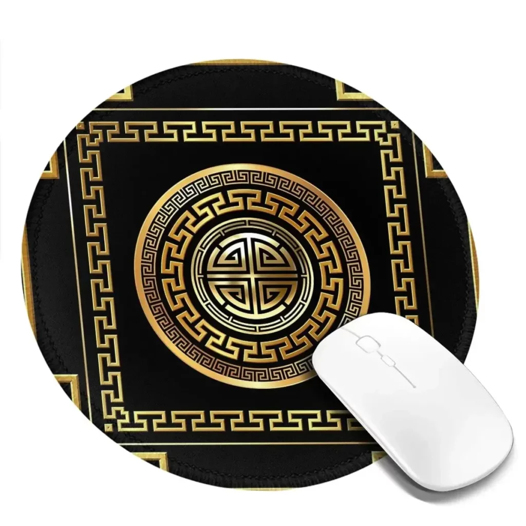 Tapis de souris grec rond noir et or – méandre 20 cm