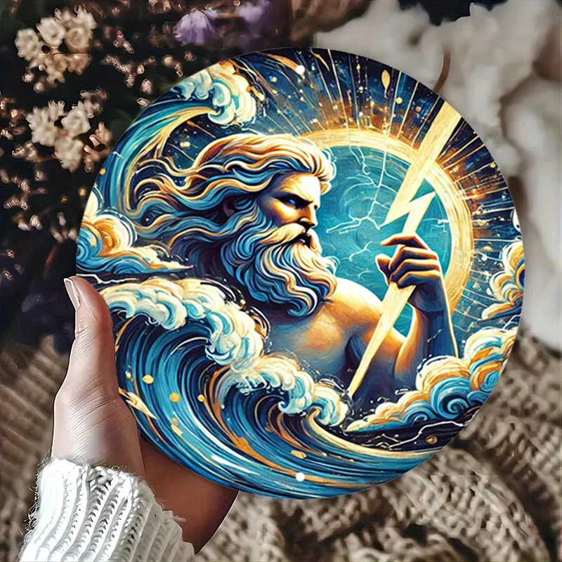 Plaque murale ronde Zeus – éclair et vagues mythologiques
