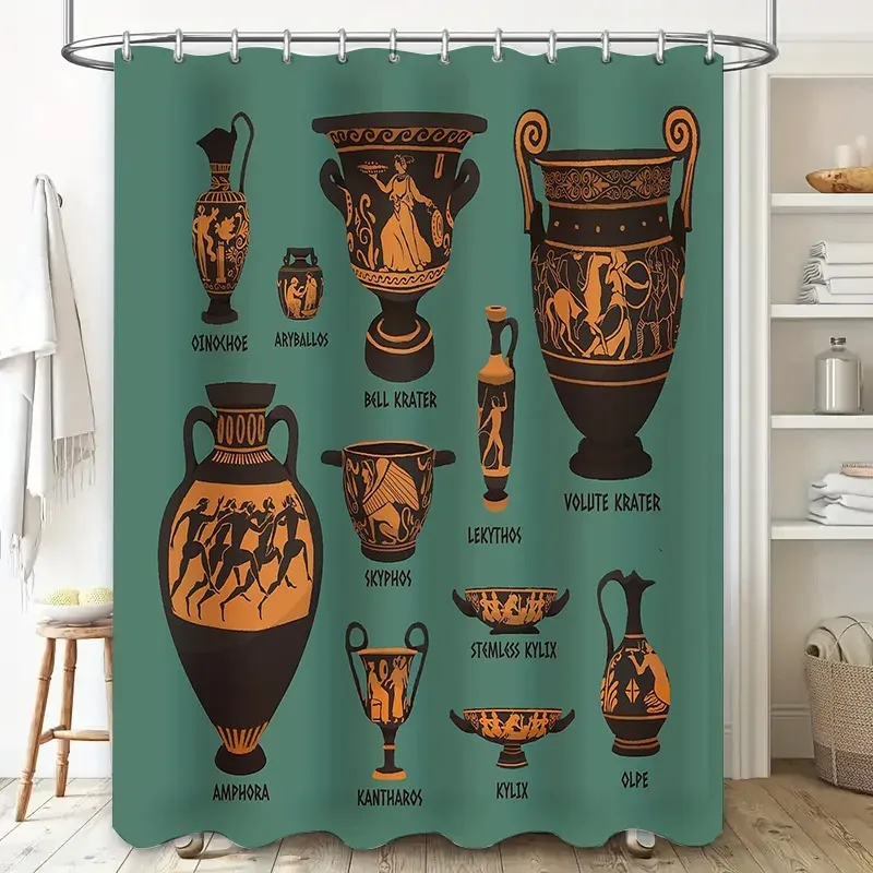 Rideau de douche grec – vases antiques vert profond 180 × 180 cm