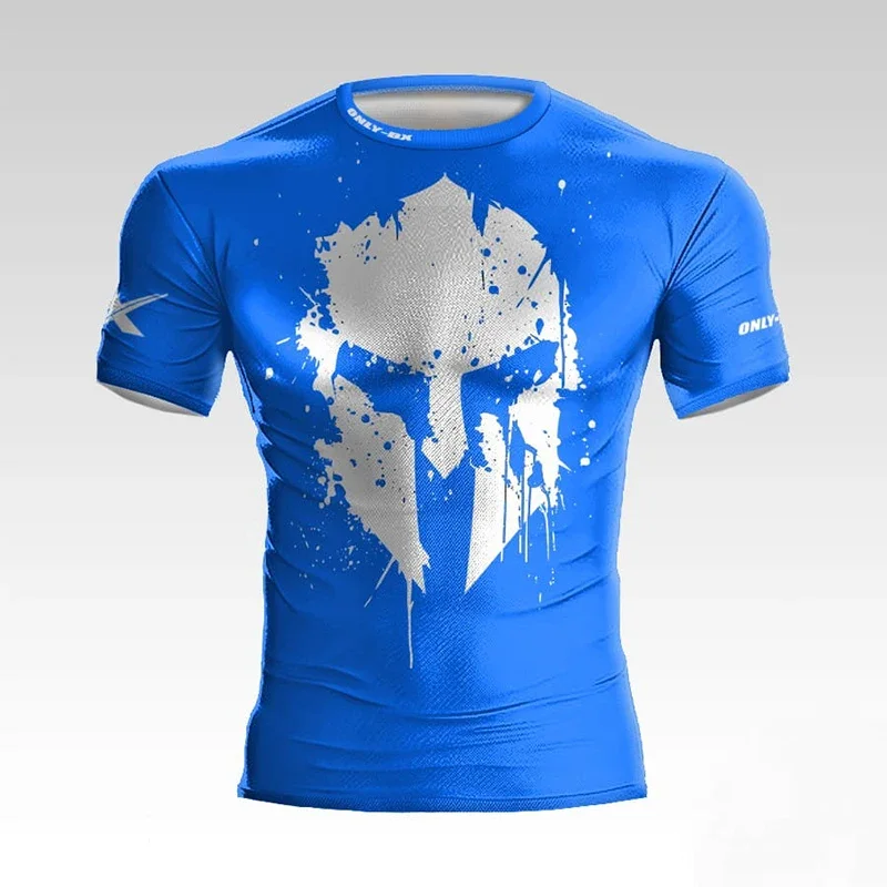 T-shirt Spartiate bleu et blanc – casque antique 3D