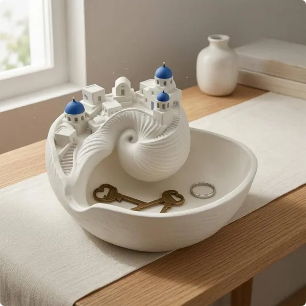 Vide-poches Santorin en forme de coquillage – village grec blanc et bleu – Image 3