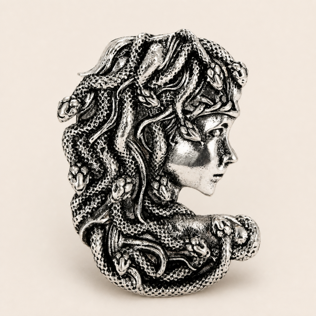 Broche Méduse argentée – profil grec aux serpents en relief