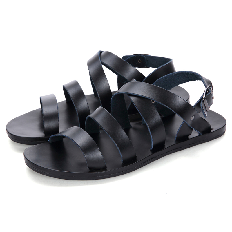 Sandales romaines noires en cuir véritable
