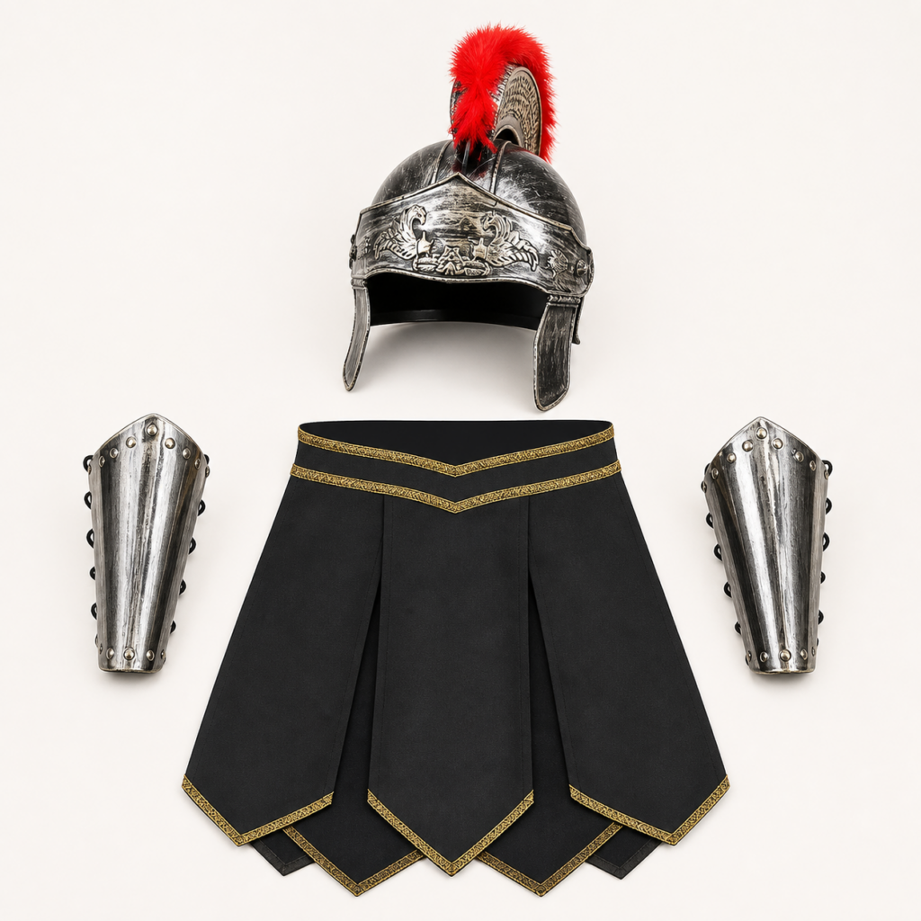 Set gladiateur noir – casque à crête, jupe à lamelles et brassards dorés