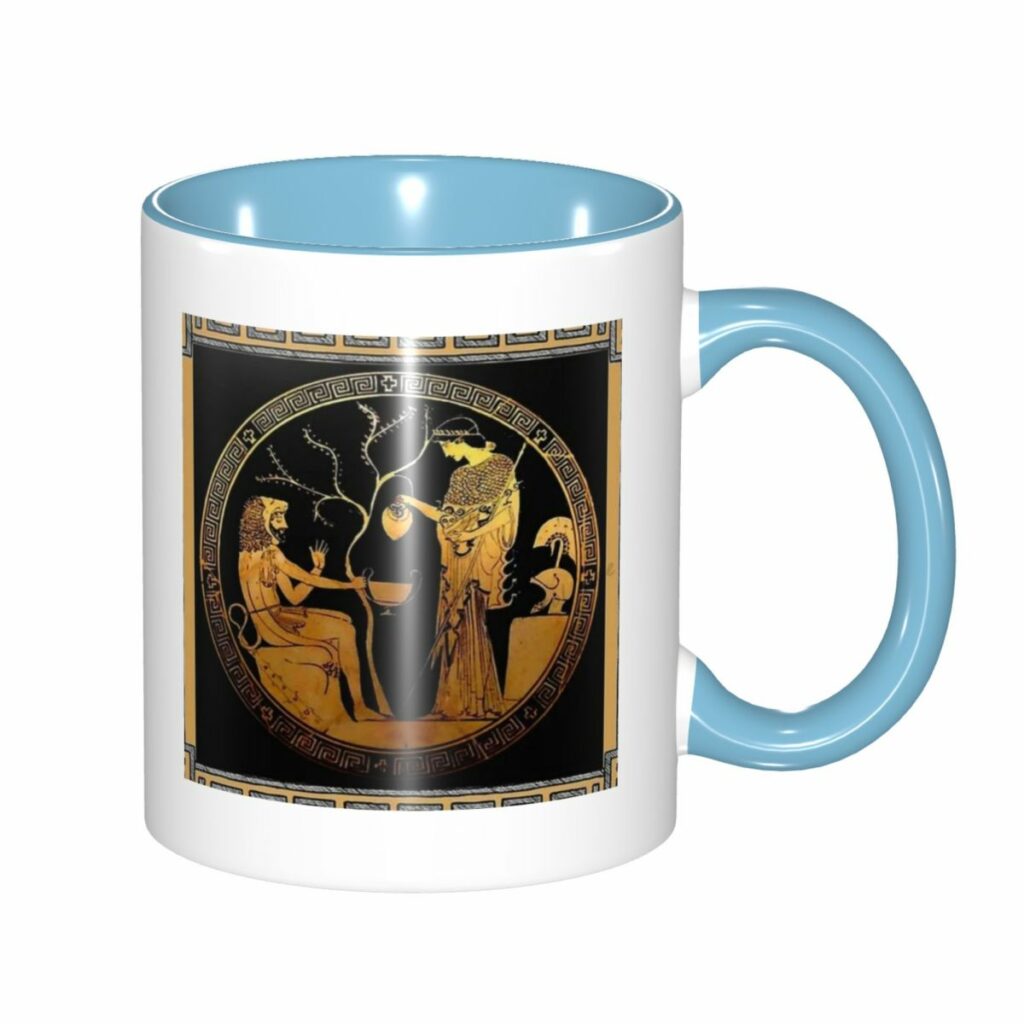 Mug grec bleu-ciel et or avec scène mythologique