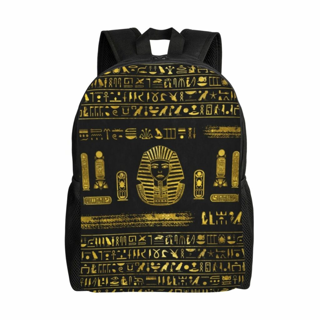 Sac à dos noir et or avec pharaon et hiéroglyphes