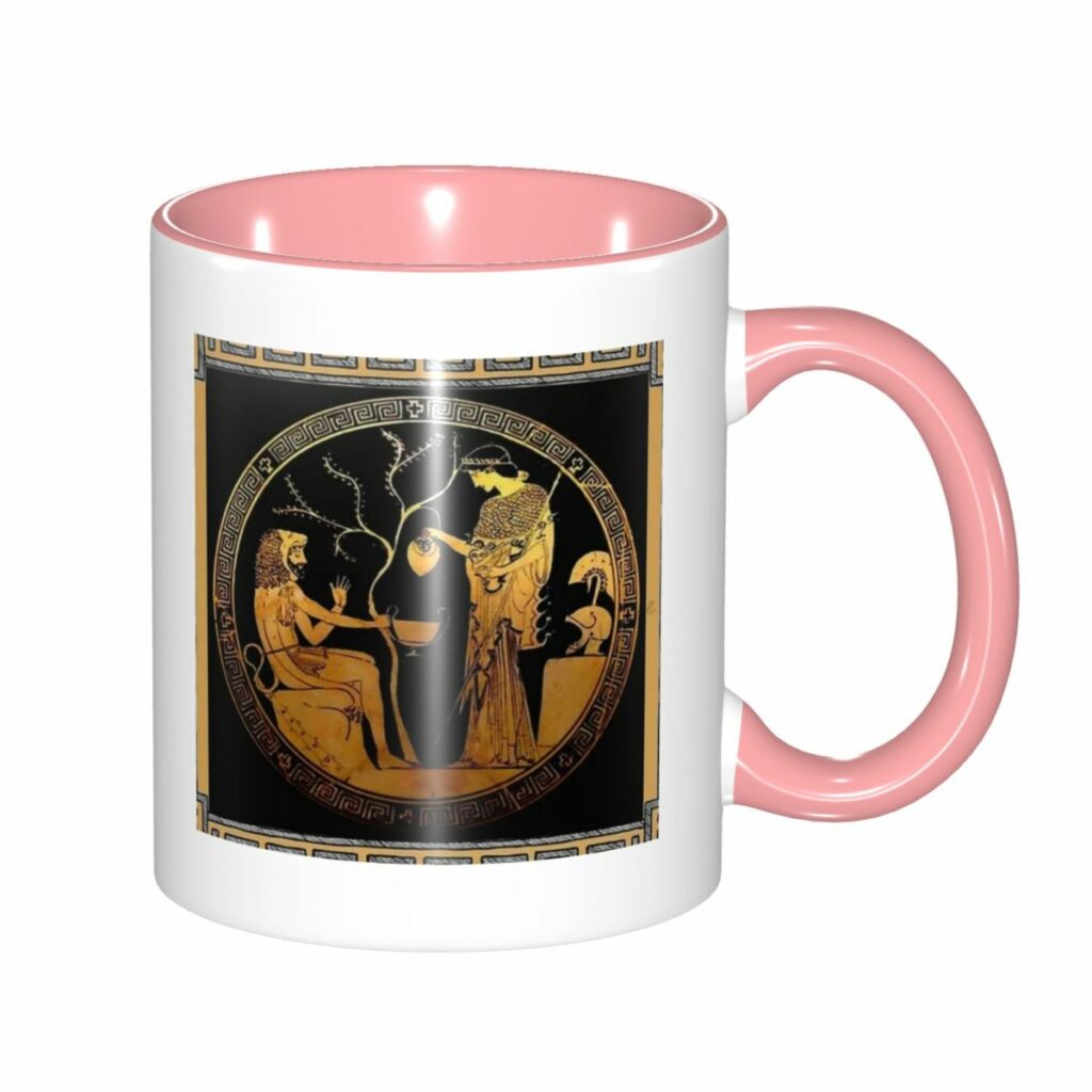 Mug grec rose et or avec scène mythologique