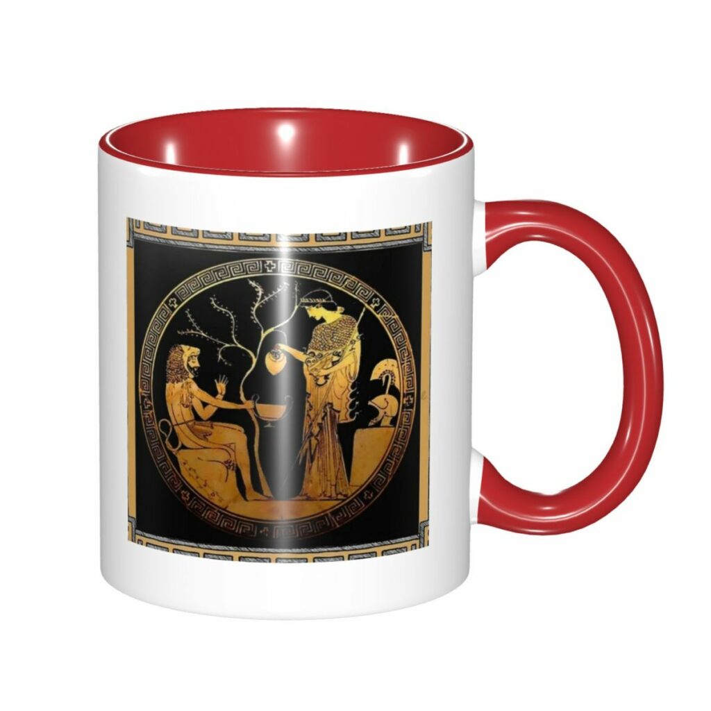 Mug grec rouge et or avec scène mythologique