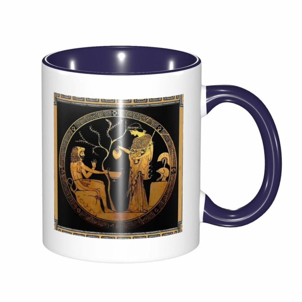 Mug grec bleu marine et or avec scène mythologique