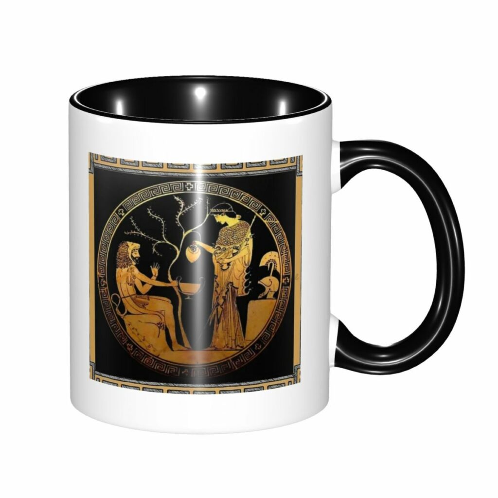 Mug grec noir et or avec scène mythologique