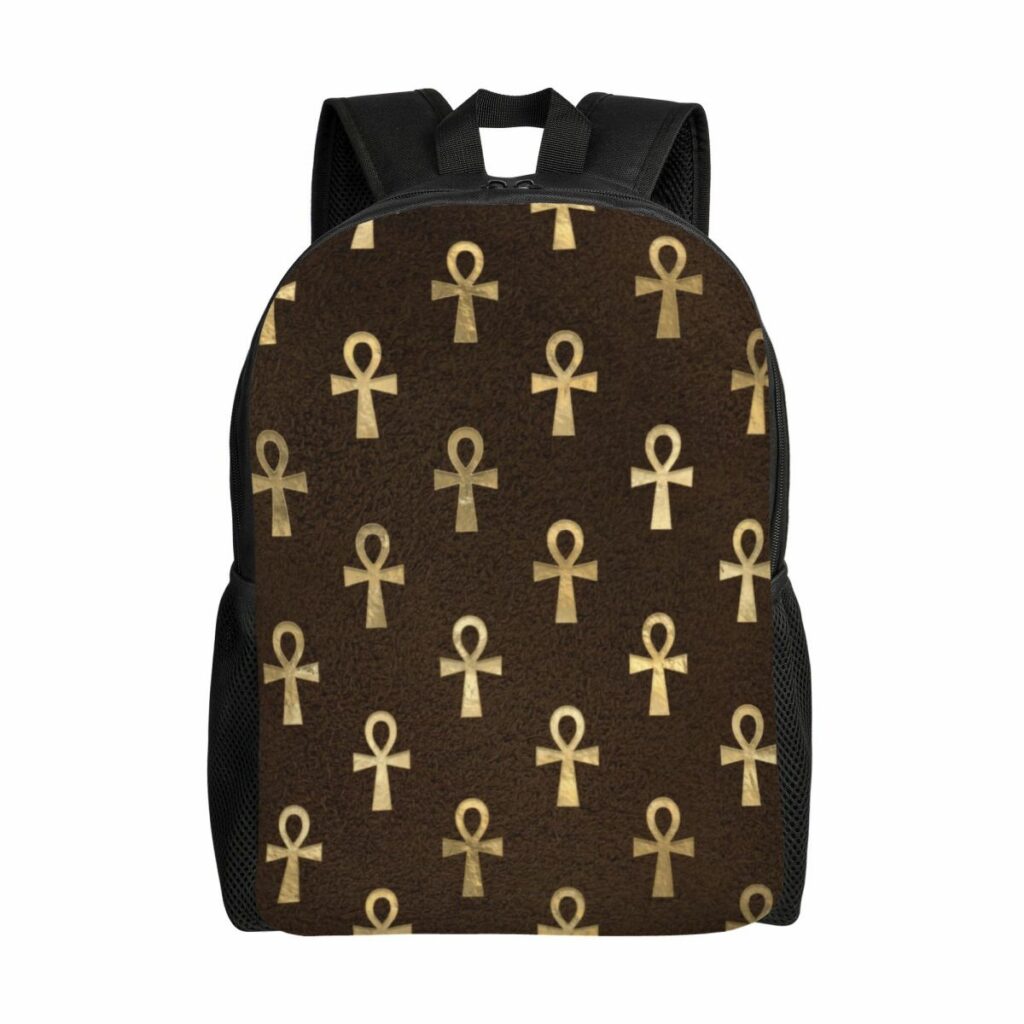 Sac à dos brun avec motif ankh doré répété